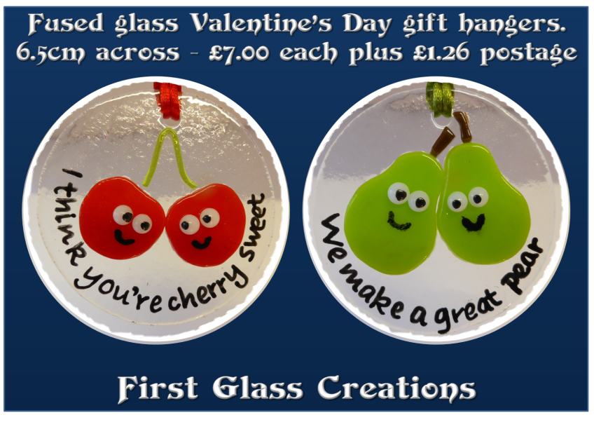 Fused glass valentines gifts fruit puns cherries and pears